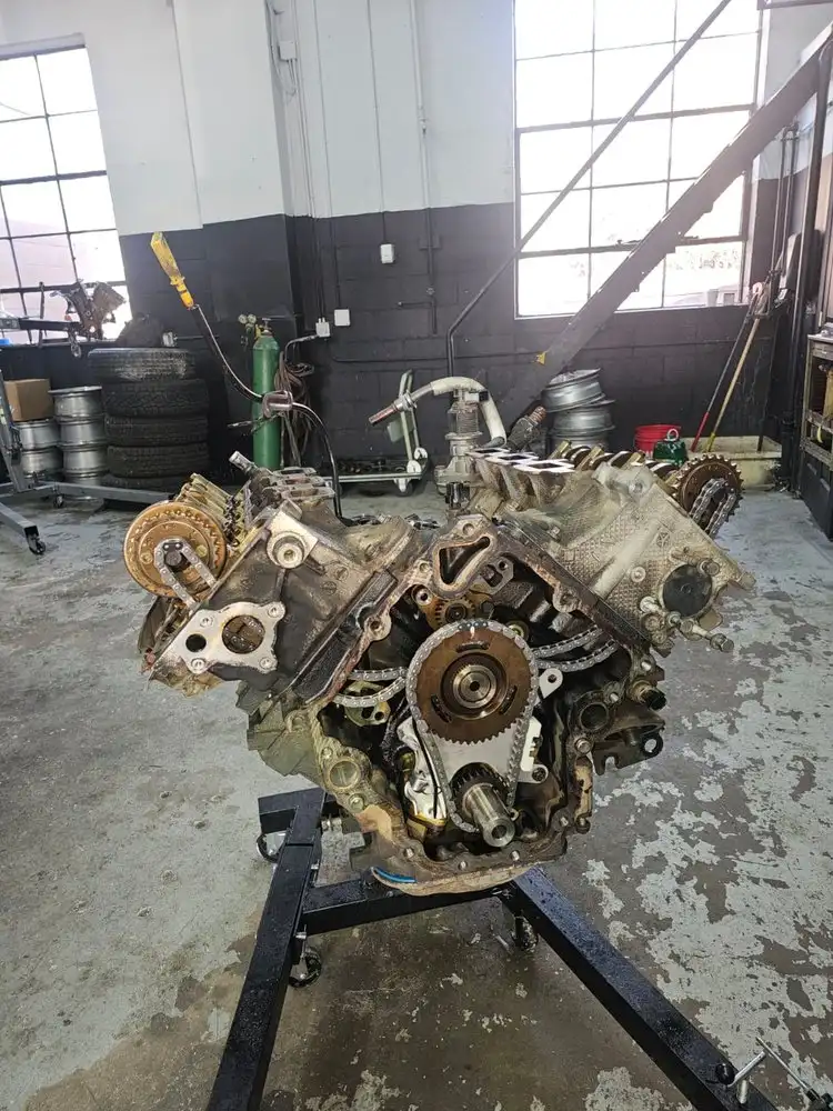 Engine block with timing gears on an engine stand