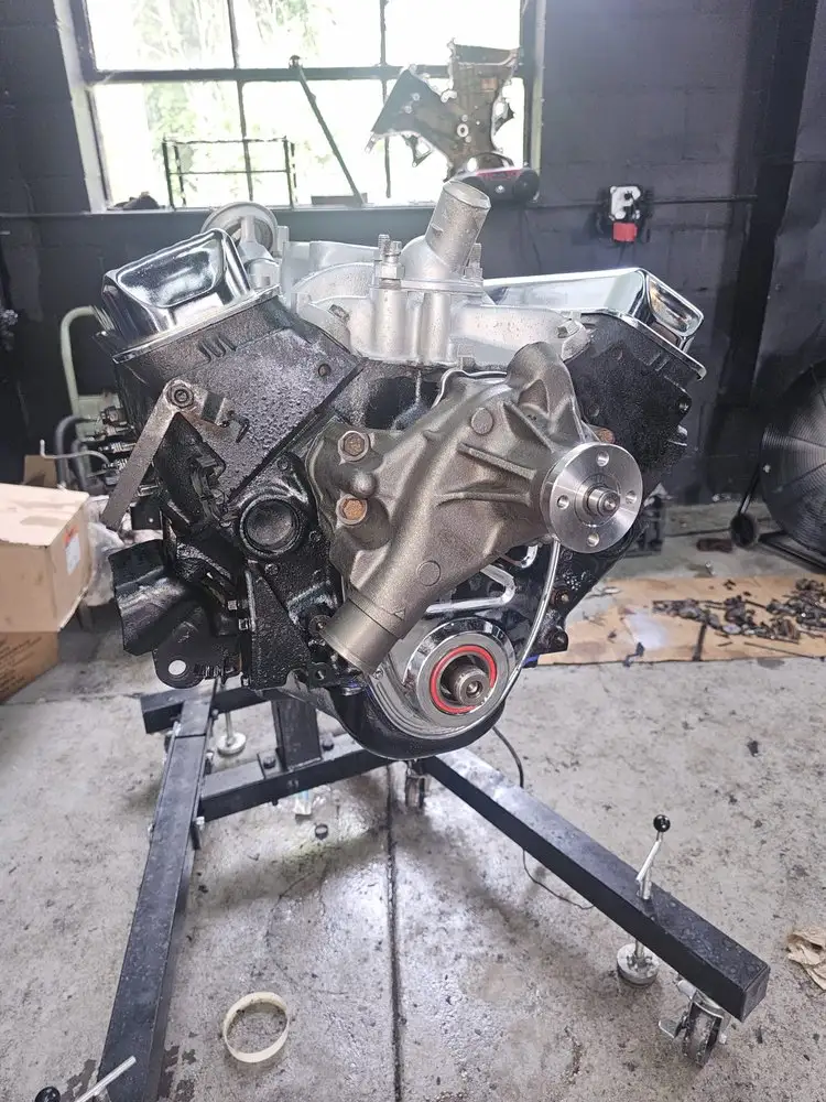 Engine on a stand during an engine rebuild